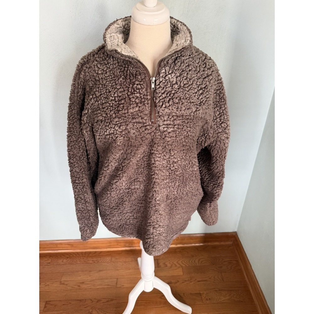 Altar'd State 1/4 Zip Sherpa Red Bean Small Fuzzy Coat Pullover Sweater Sz S